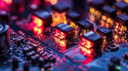 Aufkleber - Close-up of a circuit board with glowing components, showcasing technology and electronics.