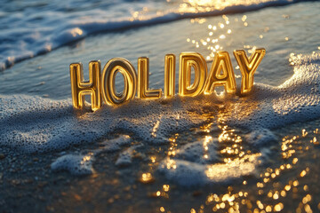 Wall Mural - Beautiful sunset at the beach with the word holiday written in the sand during low tide near calm waves.