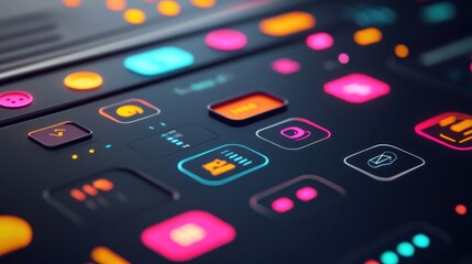 Aufkleber - Close-up of a control panel featuring colorful buttons and icons for digital interaction.