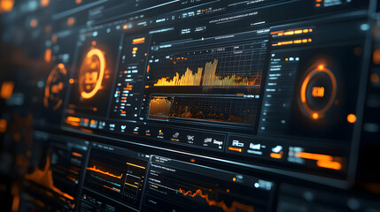Poster - digital dashboard displaying data analytics and visualizations in a futuristic interface.
