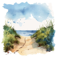 Sticker - A watercolor painting of a sandy pathway leading to the beach, isolated on a white background. Sandy pathway beach vector.
