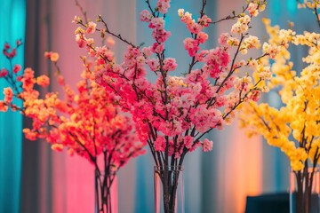 Wall Mural - Vibrant Blossom Arrangements in Glass Vases with Colored Lighting Creating a Festive Atmosphere for Events and Celebrations