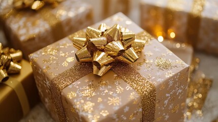 Beautifully Wrapped Holiday Gift Box with Elegant Gold Bow and Sparkling Snowflake Design on Shiny Brown Paper Set Against a Warm Blurry Background