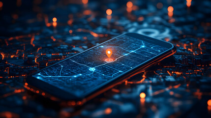 Poster - A smartphone displaying a map with a location pin, set against a dark, illuminated background.