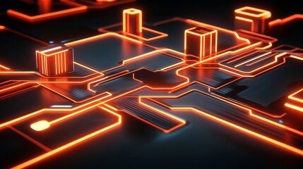 Poster - Abstract Futuristic Circuit Board with Glowing Orange Lines