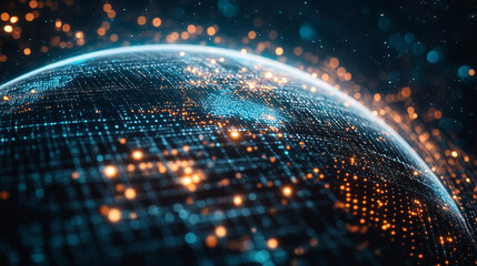 Poster - Digital representation of Earth with glowing network connections at night. 