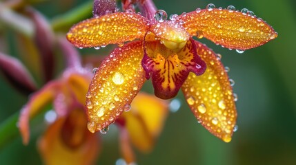 Poster - Close-up of a vibrant orange orchid with water droplets, showcasing nature's beauty.