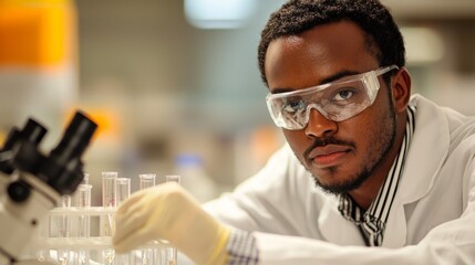 Aufkleber - A man wearing a lab coat and goggles is looking at a microscope