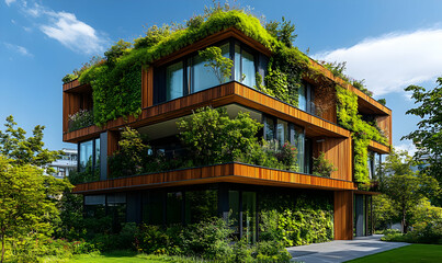 Poster - Modern eco-friendly building adorned with greenery and plants.