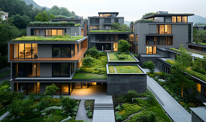Aufkleber - Modern architecture featuring green roofs and landscaped terraces in a serene environment.