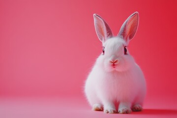 Wall Mural - A cute white rabbit sits against a vibrant pink background, showcasing its features.