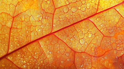 Poster - Close-up of an orange leaf with droplets, showcasing intricate vein patterns and textures.