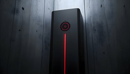 Poster - A sleek black device with a circular button and a glowing red line, set against a textured background.