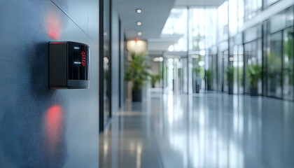 Poster - Modern hallway with a security access control panel on a wall.