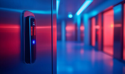 Poster - A modern elevator access panel illuminated with red and blue lights in a sleek corridor.