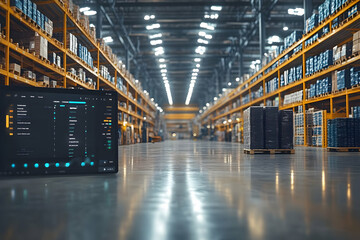 Poster - A modern warehouse interior with organized shelves and a digital interface for management.