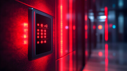 Poster - A close-up of a modern keypad with red lighting in a sleek corridor.