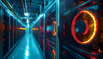 Poster - A corridor of data servers with glowing red lights, emphasizing technology and computing power.