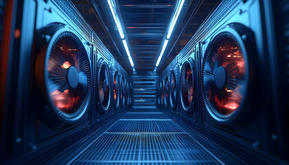 Poster - A corridor of industrial cooling fans in a server room, highlighting technology infrastructure.
