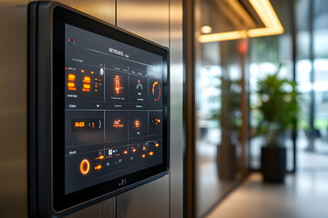 Poster - Modern elevator control panel displaying various settings and indicators.