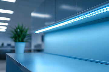 Poster - A modern office space featuring a sleek blue countertop and a decorative plant.