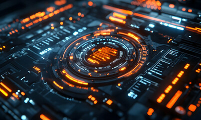 Fototapete - A futuristic digital interface with glowing orange and blue elements.