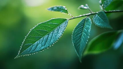 Poster - Close-up of dew-covered green leaves showcasing natural beauty and freshness.