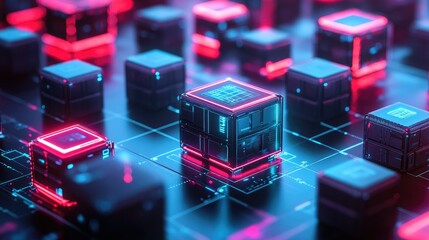 Poster - Futuristic Digital Grid Displaying Glowing Neon Cubes with Circuit Patterns on a Dark Surface, Evoking Technology and Innovation Vision