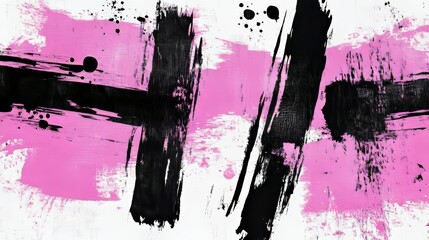 Poster - black, gray, and pink grunge paint marks with textured patterns and scribble illustrations on white 