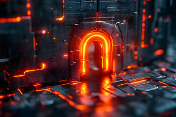 Poster - A futuristic archway glowing with orange light, set against a dark, textured background.