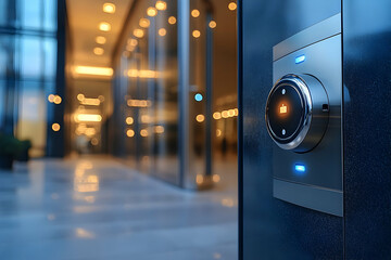 Poster - Modern elevator control panel in a sleek lobby with ambient lighting.