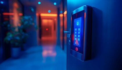 Poster - A modern electronic door lock with a digital keypad in a dimly lit hallway.