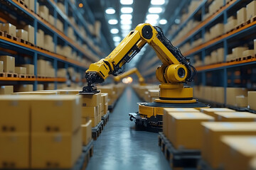 Poster - Robotic arm in a warehouse, organizing boxes on shelves for efficient storage and retrieval.