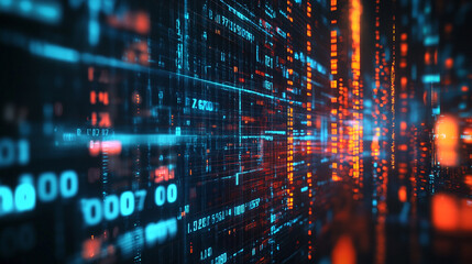 Fototapete - Digital data streams flowing through an abstract technology landscape at night. 