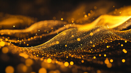 Poster - Golden particles shimmer in flowing waves during a vibrant light display. 