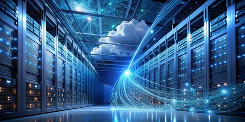 Poster - Cloud Computing Data Center Network: Server Infrastructure, Fiber Optic Cables, Data Storage, Digital Technology