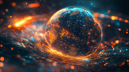 Fototapete - Digital globe surrounded by glowing particles and vibrant energy in motion. 