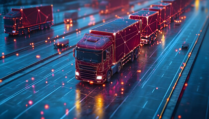 Poster - A fleet of trucks on a rainy road, illuminated by glowing particles, suggesting a digital theme.