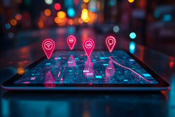 Poster - A tablet displaying a digital map with location markers and data icons in a vibrant city setting.