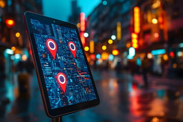 Poster - A digital map display with location markers in an urban setting at night.
