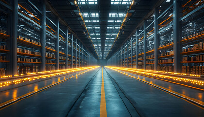 Poster - A spacious industrial warehouse with illuminated pathways and organized shelving.
