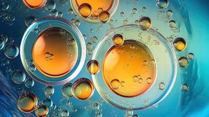 Poster - Colorful Abstract Representation of Oil Bubbles in Circular Formation with a Blue Background for Aesthetic Inspiration and Creative Projects
