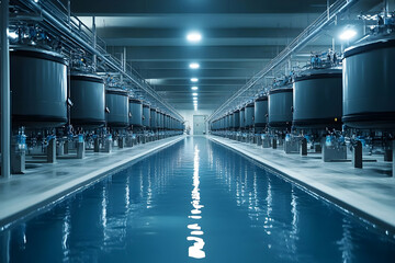 Poster - A modern industrial facility with large tanks and a reflective water surface.