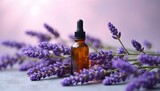 Serene Lavender: Amber bottle of essential oil rests amidst vibrant purple lavender blossoms, creating a calming and aromatic atmosphere. 