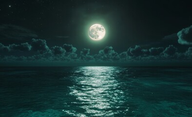 Wall Mural - Full moon over dark ocean at night.