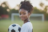 Confident soccer player girl with ball on field