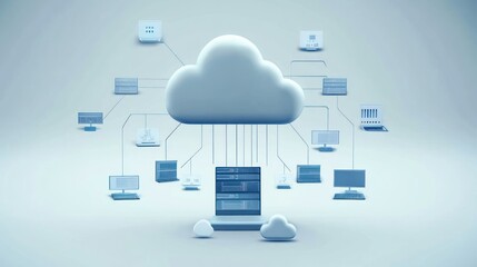 Fototapete - Cloud computing concept with servers and connected devices illustrated in a minimalist style.