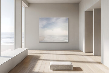 Aufkleber - Coastal artwork displayed in a minimalist room with large windows and natural light. Generative AI