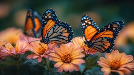 Poster - Colorful butterflies resting on vibrant flowers in a serene garden setting.