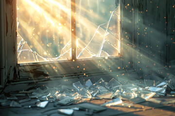 Aufkleber - Sunlight streams through a broken window illuminating shattered glass in a deserted room. Generative AI